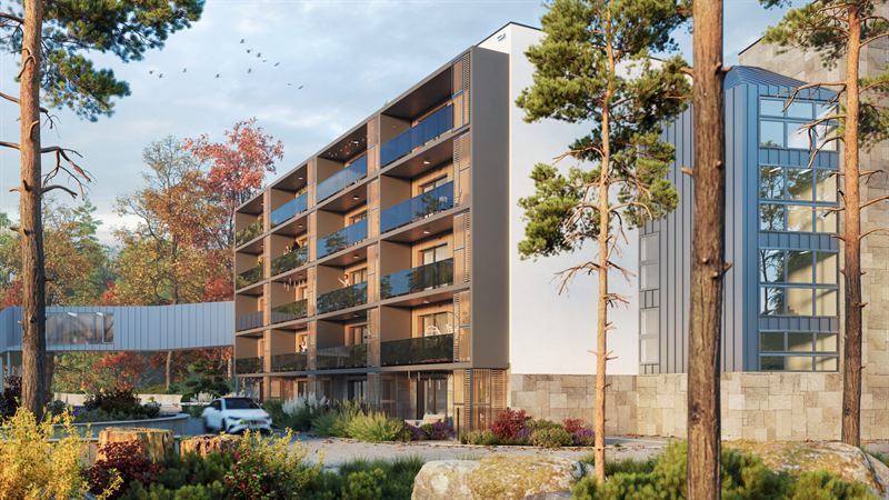 Vizualizace budovy aparthotelu mezi borovicemi – náhled interaktivního 3D modelu